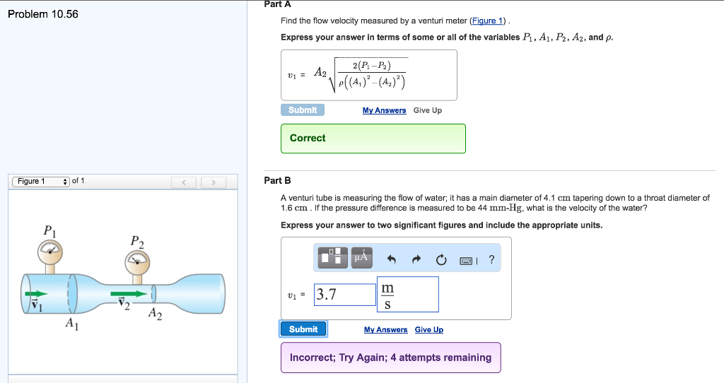 Solved Find the flow velocity measured by a venturi meter