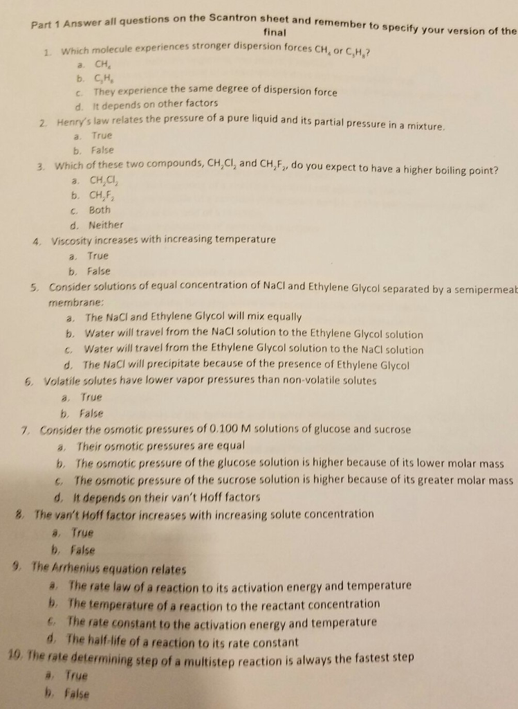 Solved Part 1 Answer all questions on the Scantron sheet and | Chegg.com