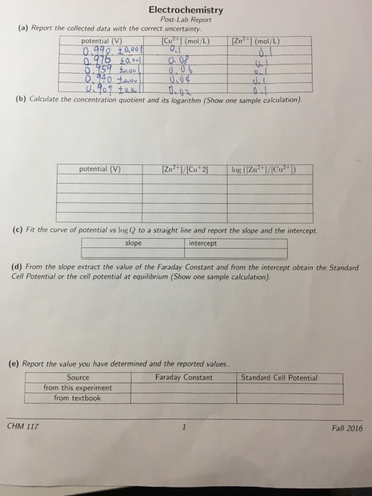 Solved Electrochemistry PostLab Report (a) Report the