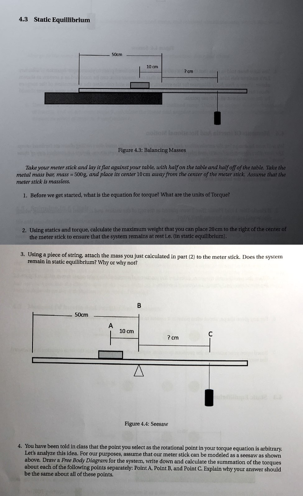 Solved 4.3 Static Equillibrium S0cm 10㎝ ? cm Figure 4.3