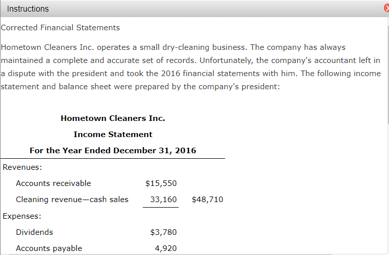 Solved Instructions Corrected Financial Statements Hometown