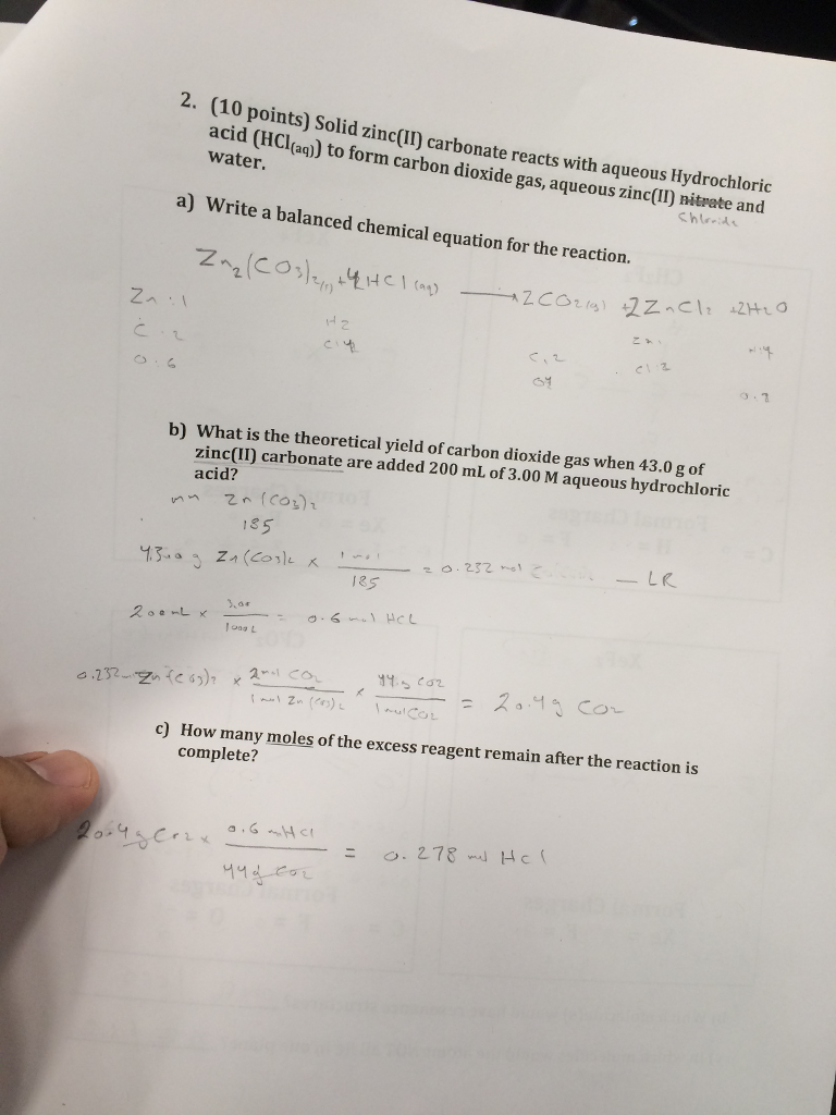 Solved Solid zinc(II) carbonate reacts with us Hydrochloric