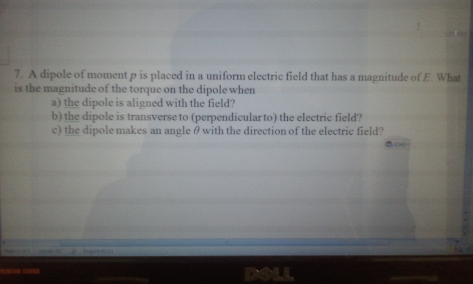 Solved A dipole of moment p is placed in a uniform electric | Chegg.com