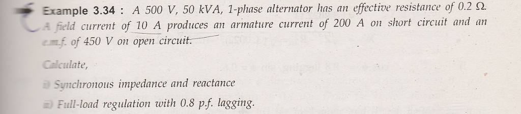 Solved Example 3.34 : A 500 V, 50 kVA, 1-phase alternator | Chegg.com