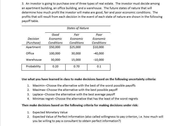 Solved An Investor Is Going To Purchase One Of Three Types | Chegg.com ...