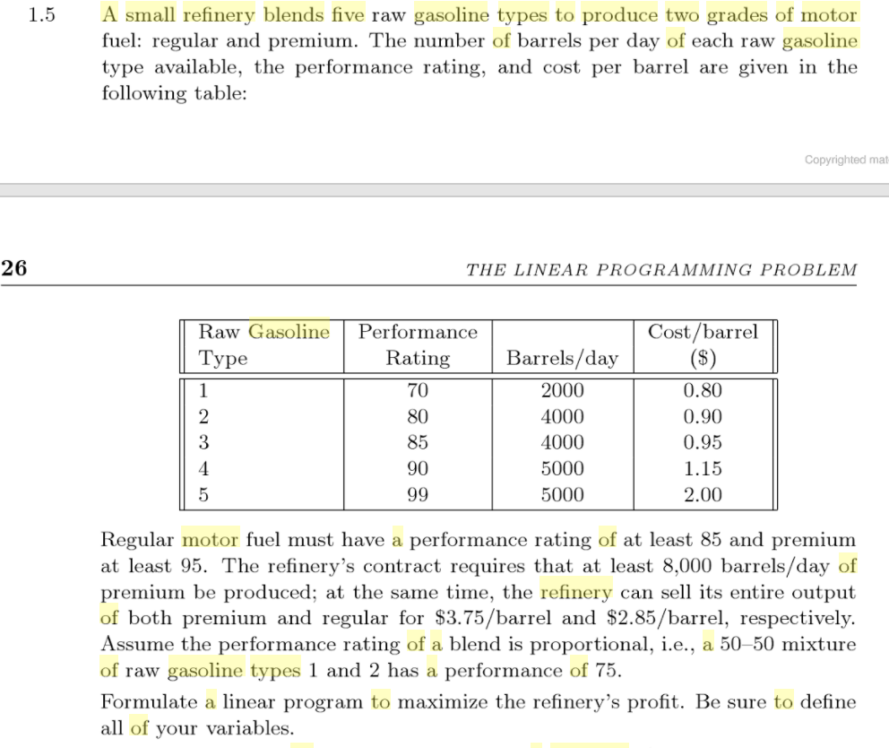Solved 1.5A small refinery blends five raw gasoline types to