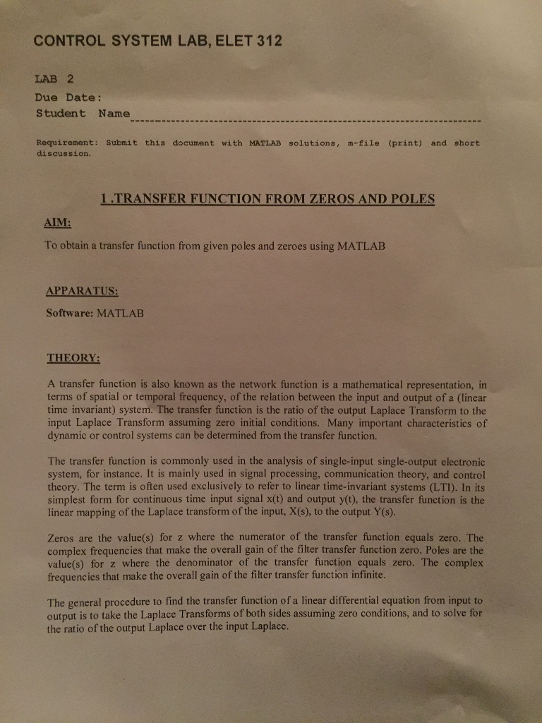 Solved CONTROL SYSTEM LAB, ELET 312 LAB 2 Due Date: Student | Chegg.com