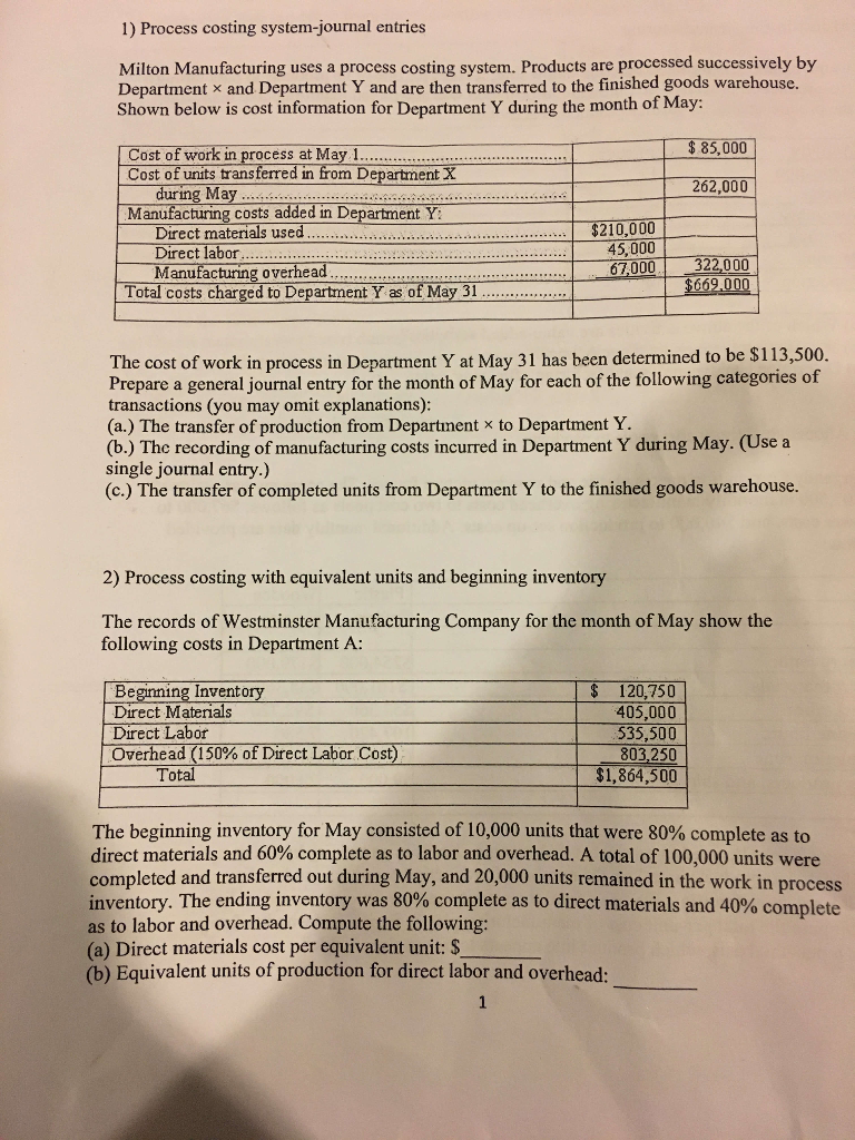 Process costing systemjournal entries Milton Manufacturing...ask 1