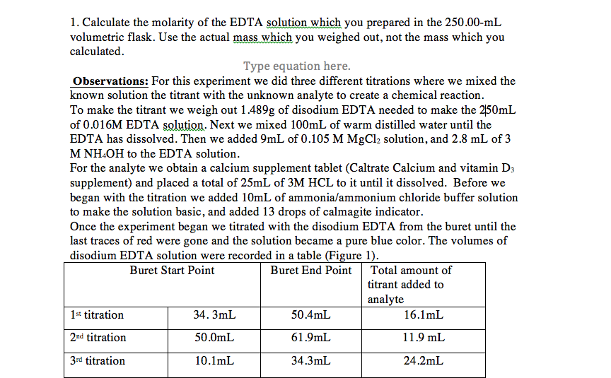 Solved Calculate the molarity of the EDTA solution which you