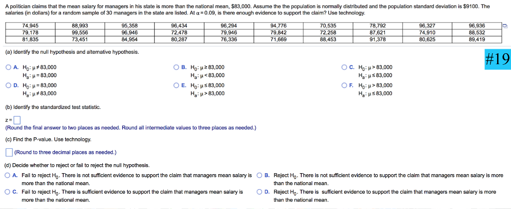 Solved A Politician Claims That The Mean Salary For Managers Chegg