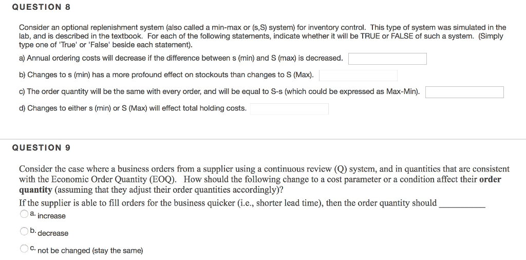 Solved QUESTION 8 Consider an optional replenishment system | Chegg.com