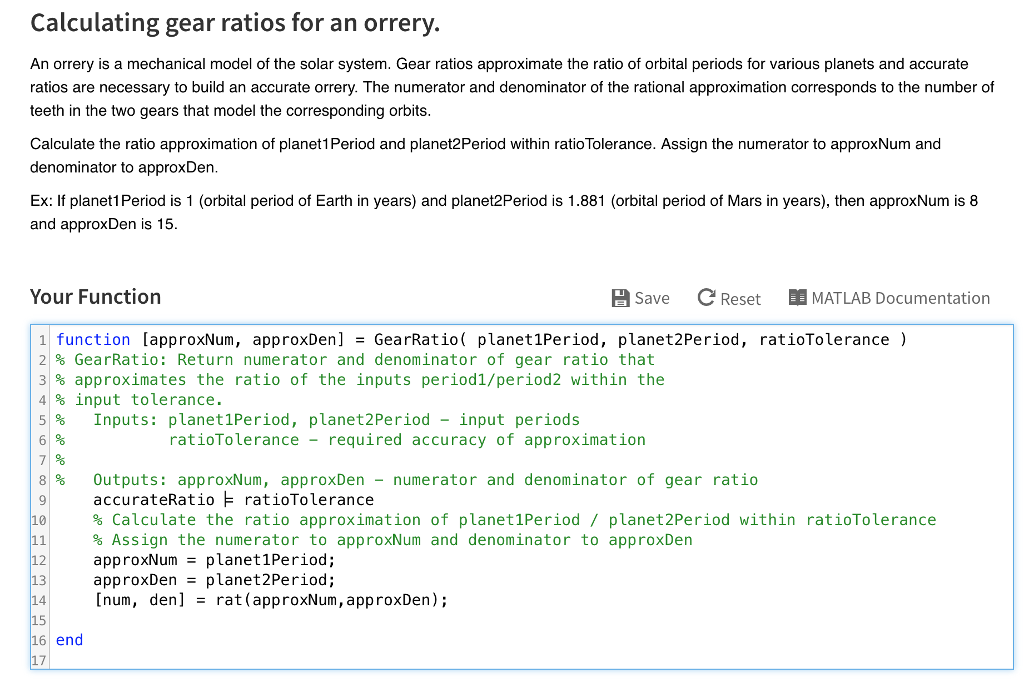 Solved IN MATLAB Calculating gear ratios for an orrery. | Chegg.com