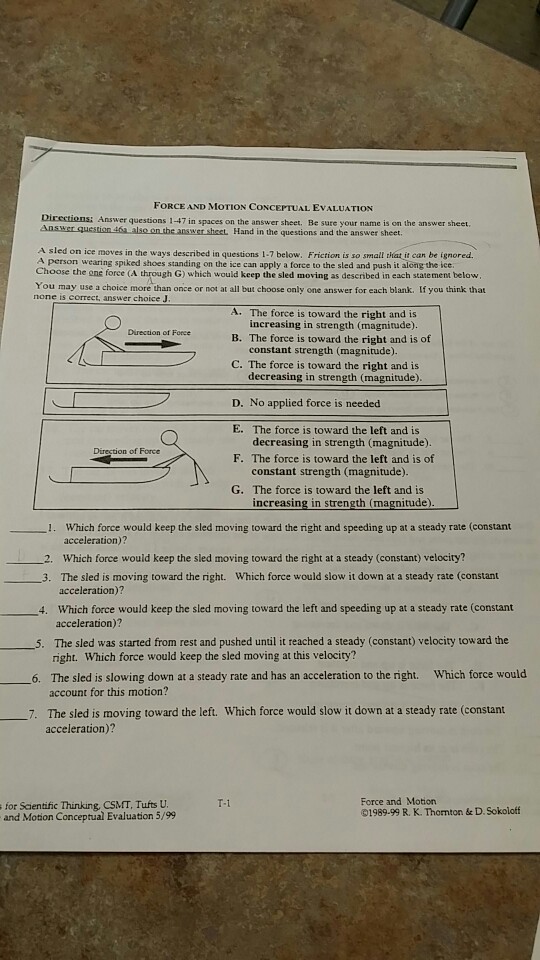 Solved FORCE AND MOTION CONCEPTUAL EVALUATION Directions