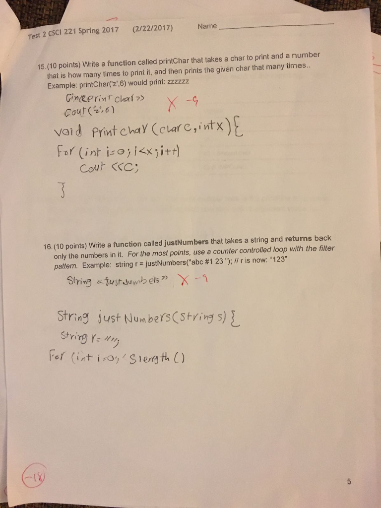 Solved Test 2 CSCI 221 Spring 2017 (2/22/2017) Name 15.(10 | Chegg.com
