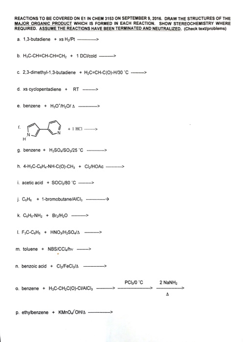 Solved REACTIONS TO BE COVERED ON E1 IN CHEM 3153 ON | Chegg.com