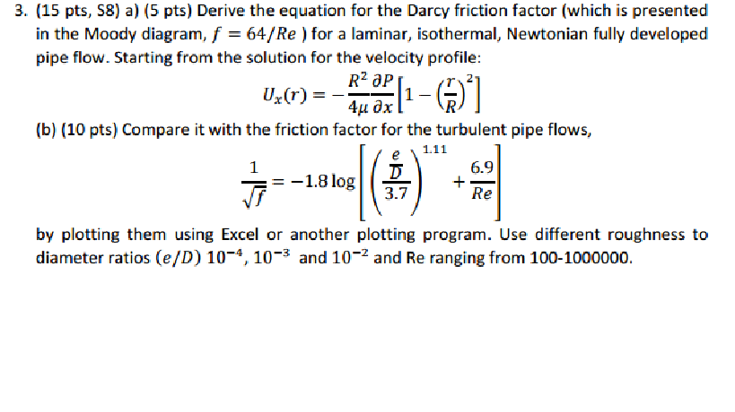 Solved Derive The Equation For The Darcy Friction Factor 4574