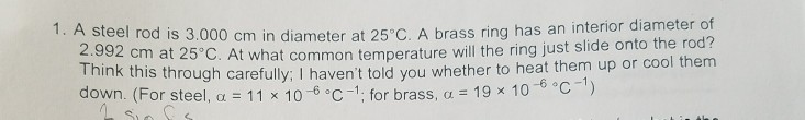 Solved cm in diameter at 25°C. A brass ring has an interior | Chegg.com