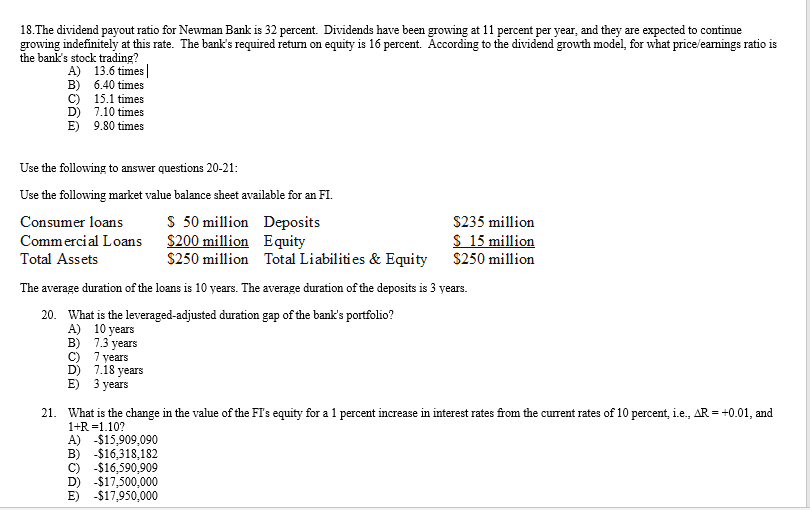 Solved 18.The dividend payout ratio for Newman Bank is 32 | Chegg.com