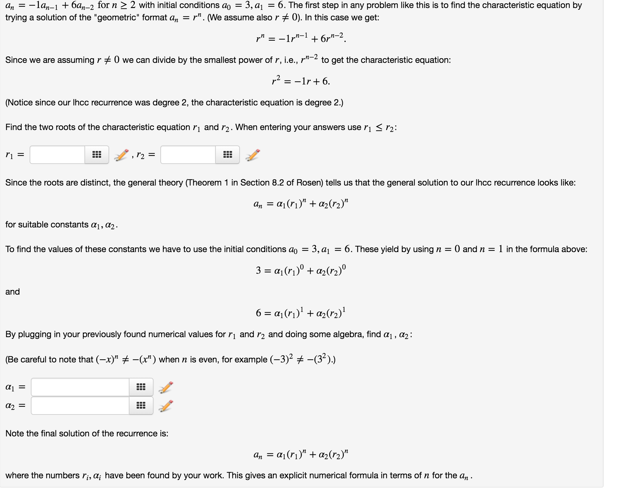 Solved A_n = -1a_n - 1 + 6a_nb -2 for n > 2 with initial | Chegg.com