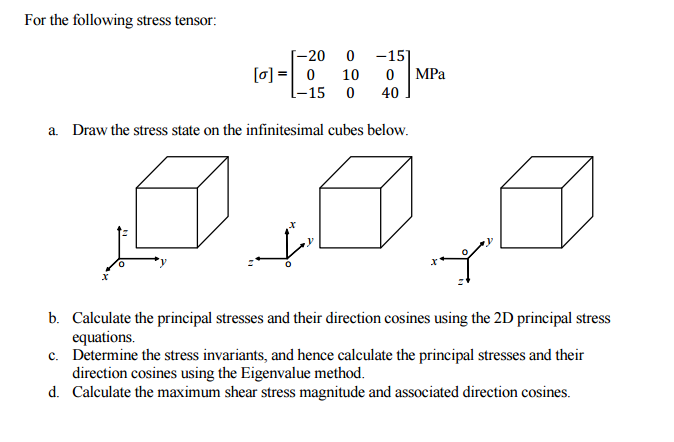 Solved For The Following Stress Tensor: [sigma] = [-20 0 | Chegg.com