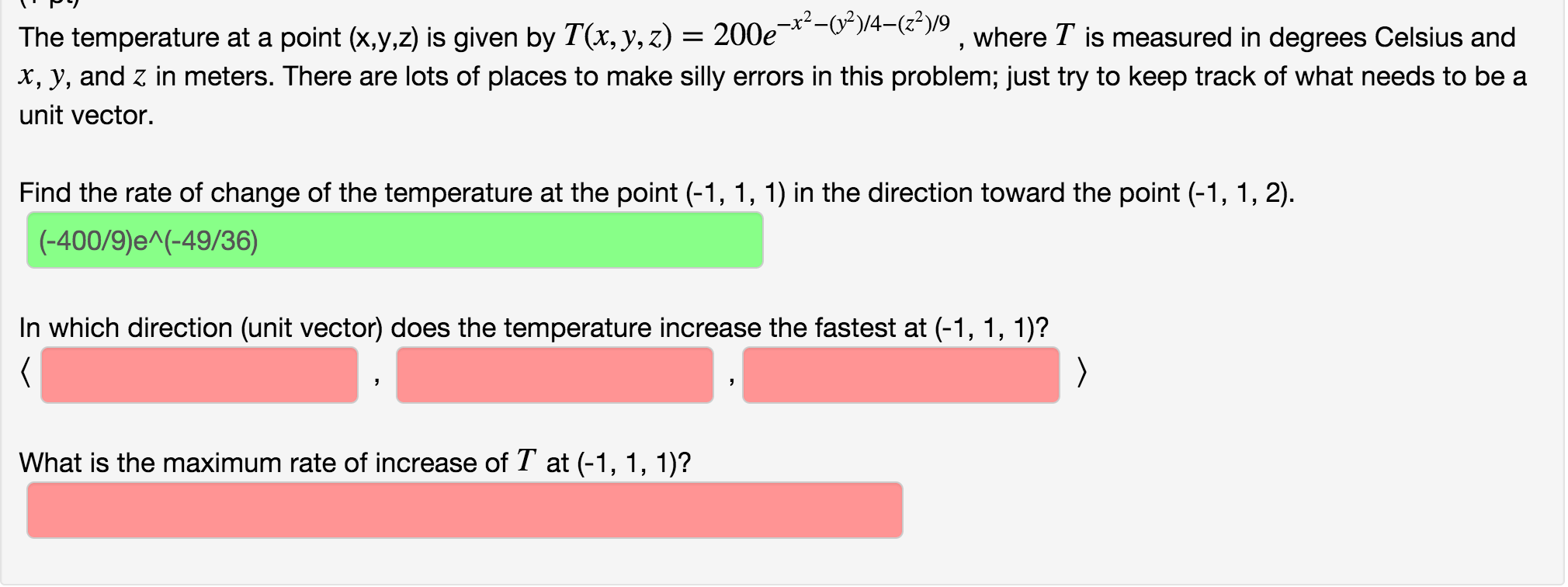 Solved The temperature at a point (x,y,z) is given by | Chegg.com