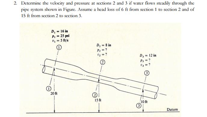 Solved Determine the velocity and pressure at sections 2 and | Chegg.com