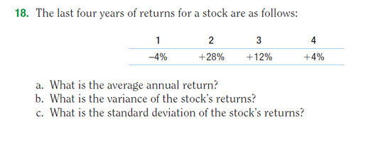 Solved 18. The last four years of returns for a stock are as | Chegg.com