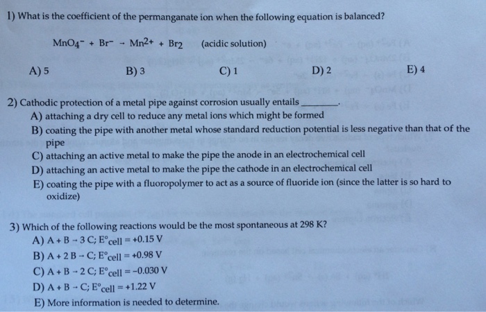 Solved What is the coefficient of the permanganate ion when | Chegg.com