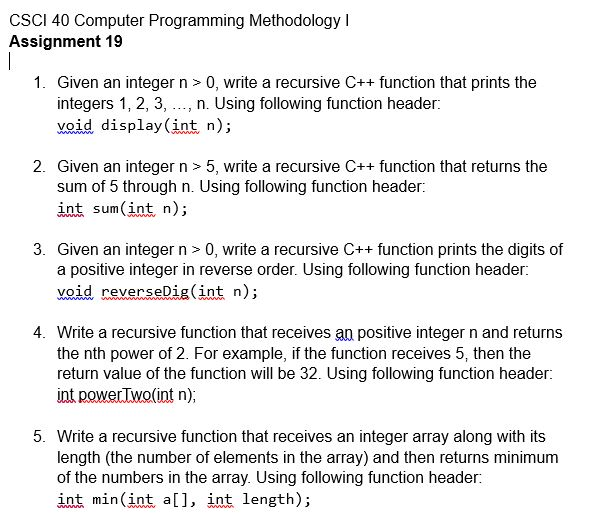 Solved CSCI 40 Computer Programming Methodology I Assignment | Chegg.com