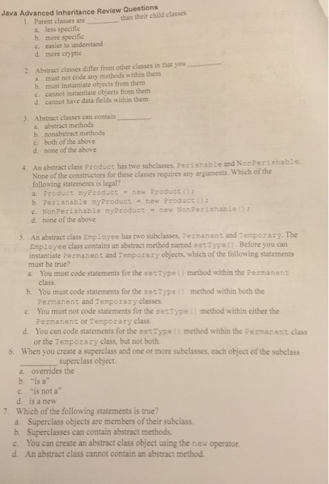 Solved Java Advanced Inheritance Review Questions 1. Parent | Chegg.com