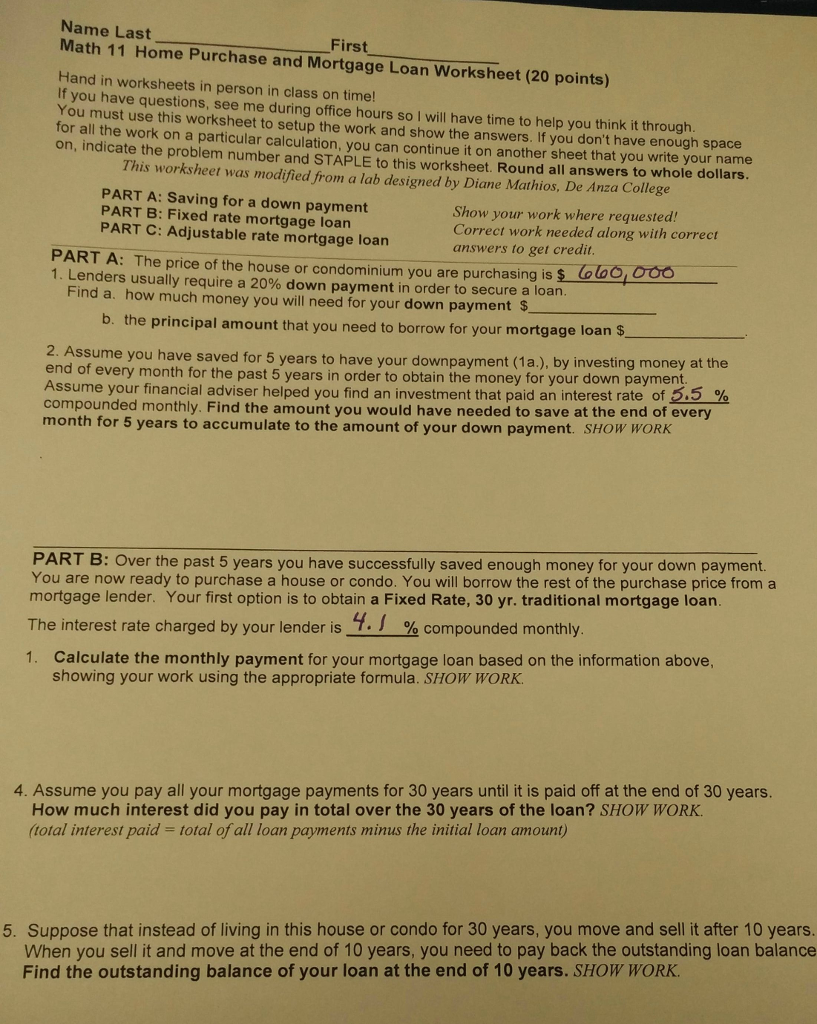 Solved: Name Last Math 11 Home Purchase And Mortgage Loan | Chegg.com