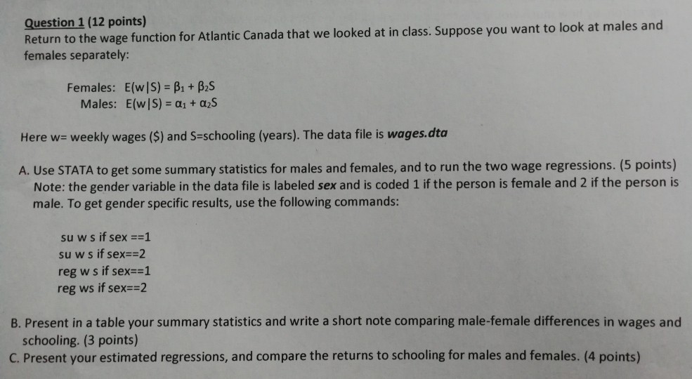 Question 1 (12 points) Return to the wage function | Chegg.com