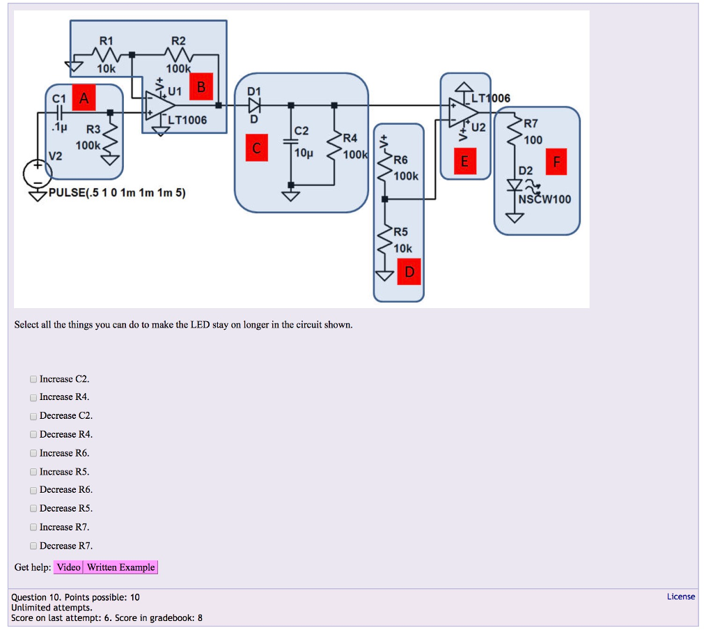 Solved R1 R2 10k 100 D1 C1 A .1μ R3 V2 LT1006 LT1006 R7 100 | Chegg.com