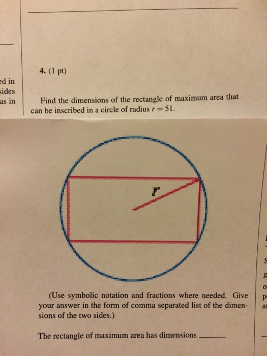 maximum area of rectangle inscribed in a circle of radius r