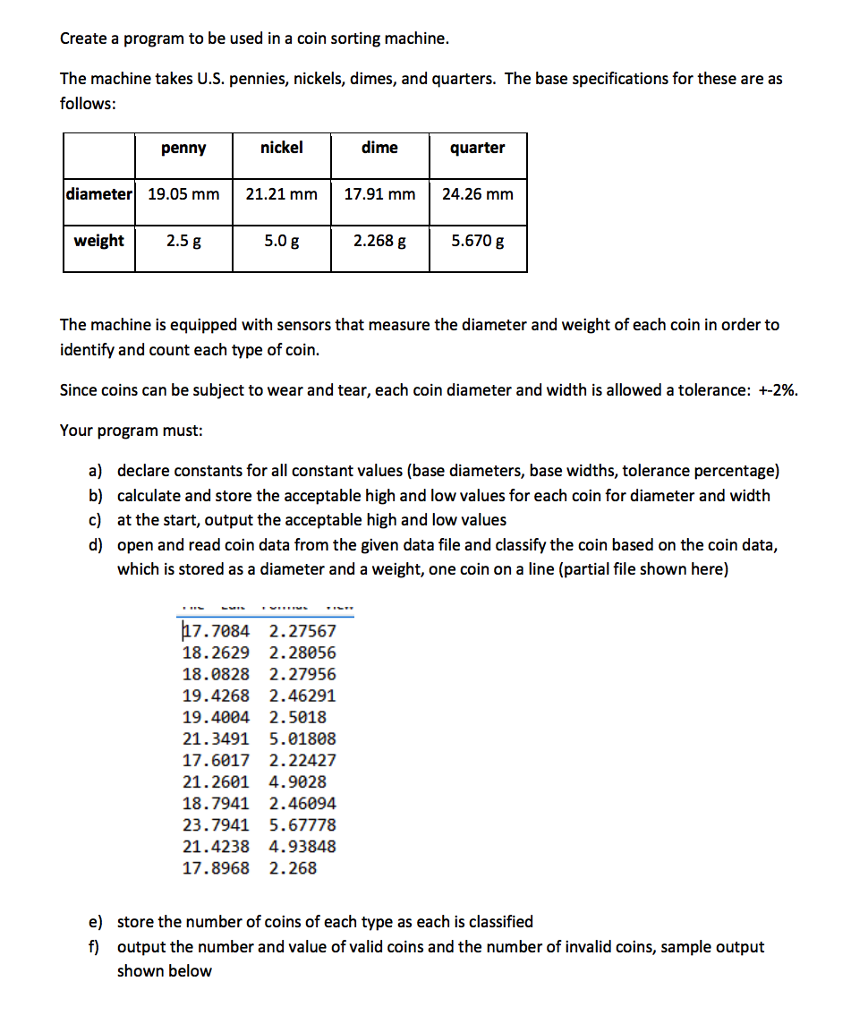 Solved Create a program to be used in a coin sorting machine