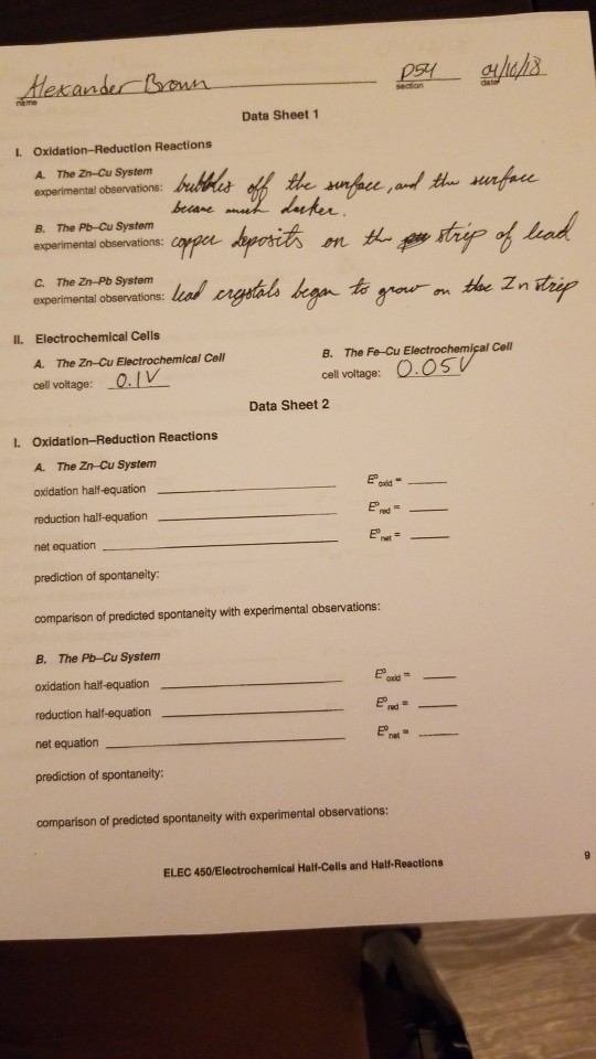 Solved Data Sheet 1 L. Oxidation-Reduction Reactions A. The | Chegg.com