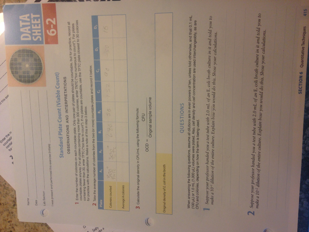 Solved DATA SHEET 62 Name Lab Section Standard Plate Count