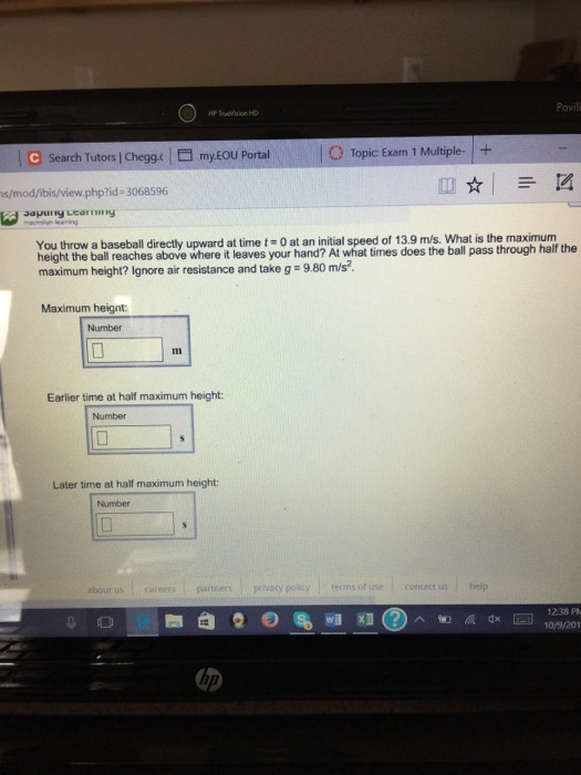 Solved You throw a baseball directly upward at time t = 0 at