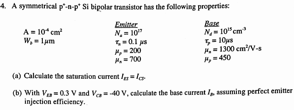 Solved A symmetrical p^+-n-p^+ Si bipolar transistor has the | Chegg.com