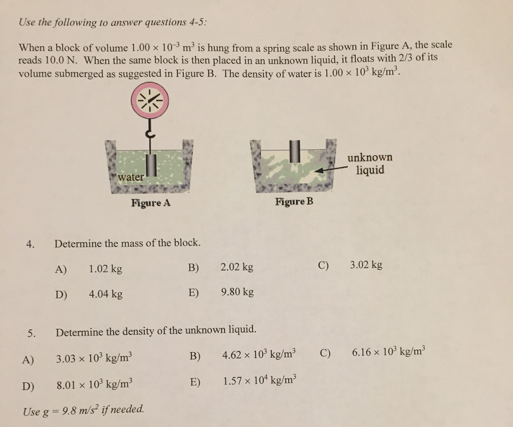 Solved When a block of volume 1.00 times 10^-3 m^3 is hung | Chegg.com