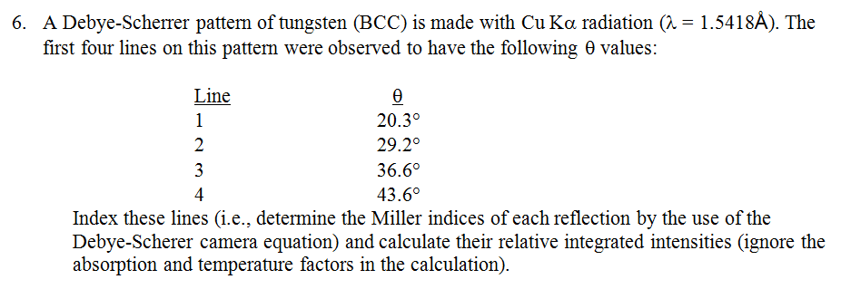 Solved A DebyeScherrer pattern of tungsten (BCC) is made