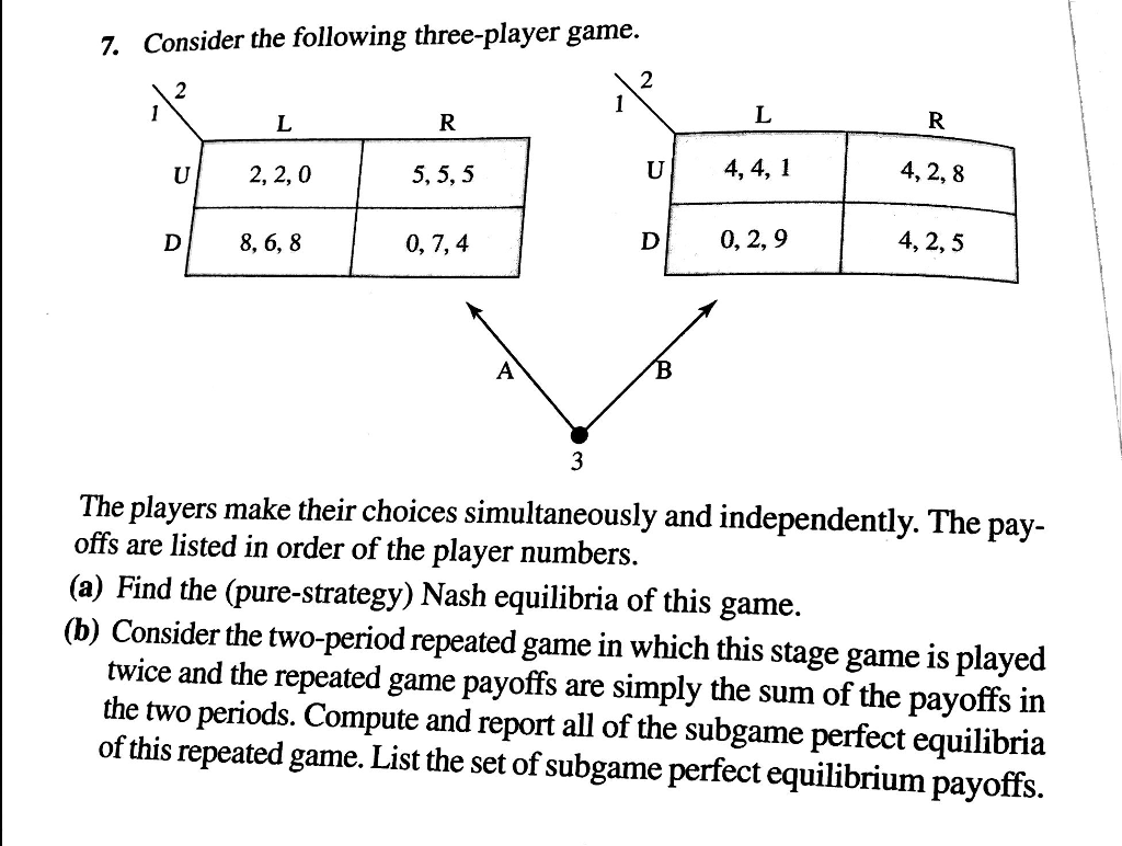 Solved 7. Consider the following three-player game. 2, 2, 0 | Chegg.com