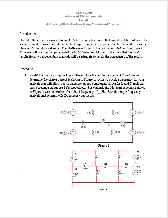 Solved ELET 3700 Advanced Circuit Analysis Lab 1 AC