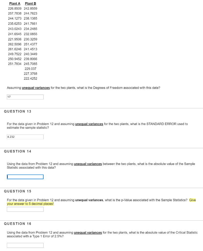 Solved Plant A Plant B 226.8509 242.8559 257.7838 244.7623 | Chegg.com