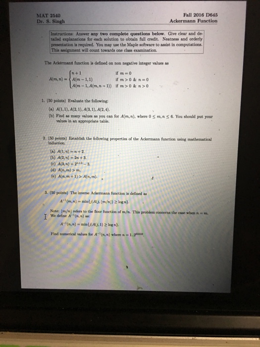 Solved The Ackermann Function Is Defined On Non Negative | Chegg.com