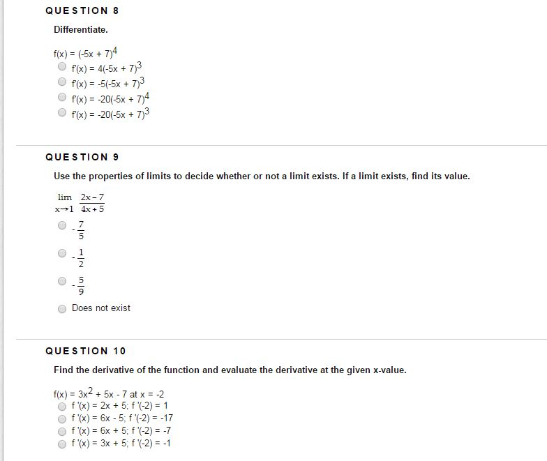 Solved Differentiate. f(x) = (-5x + 7)^4 Use the properties | Chegg.com