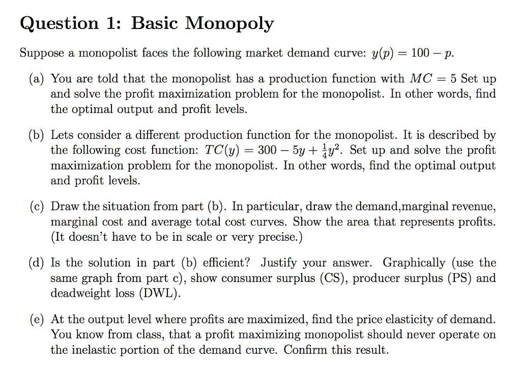 Solved Question 1: Basic Monopoly Suppose A Monopolist Faces | Chegg.com