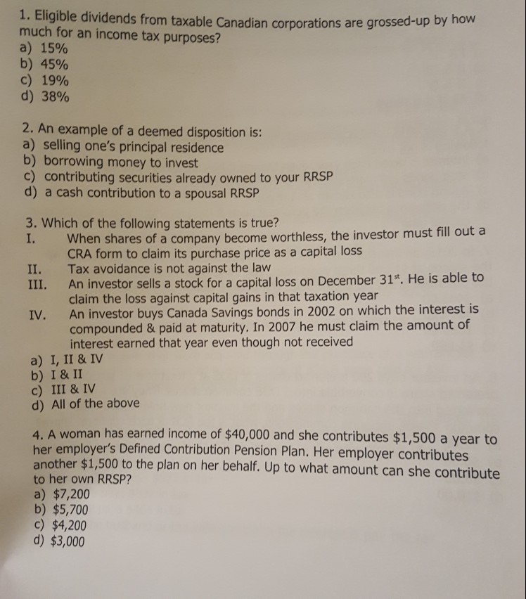 Solved 1. Eligible dividends from taxable Canadian