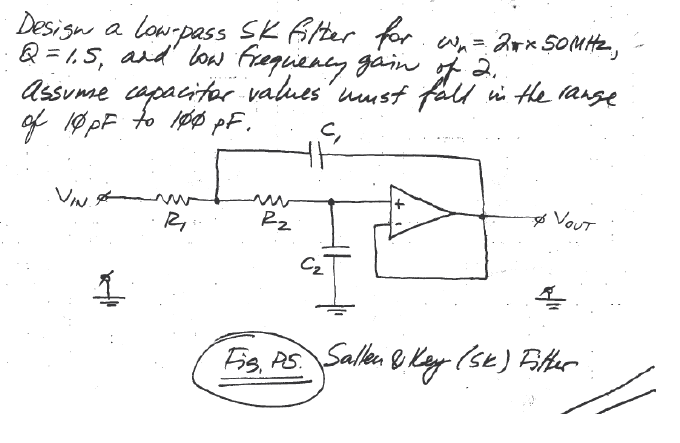 Solved Design a low-pass sk filter for w_n=2rx50MHz Q=1.5, | Chegg.com