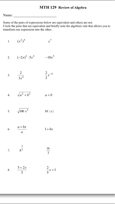 Solved MTH 129 Review of Algebra Name: Some of the pairs of | Chegg.com